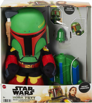 Mattel Star Wars Plush 12-Inch Toy, Boba Fett Rocket Launching Soft Doll, Removable Air-Powered Rocket Launcher with Projectile