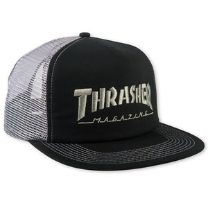 Hat: Thrasher Magazine Embroidered Logo Black / Grey Mesh Trucker Hat
