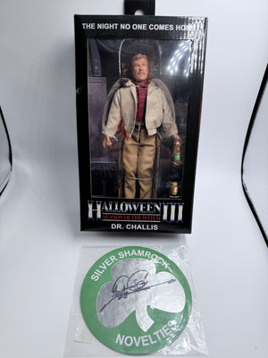 Halloween III : Dr. Challis Exclusive NECA W/ Signed Tom Atkins Silver Shamrock Coaster!