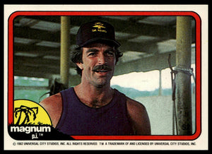 1983 Donruss Magnum P.I. #52 (mouth open, poles, purple tank top)