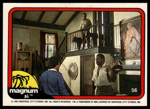 1983 Donruss Magnum P.I. #56 (confrontation in den, Higgins and dogs on stairs)
