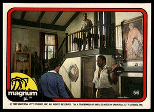 1983 Donruss Magnum P.I. #56 (confrontation in den, Higgins and dogs on stairs)
