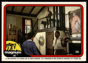 1983 Donruss Magnum P.I. #56 (confrontation in den, Higgins and dogs on stairs)
