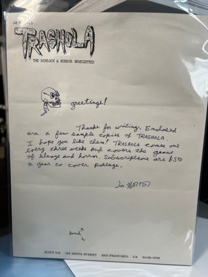 Trashola : Jim Morton Signed Letter w/ Illustration on Trashola Stationary
