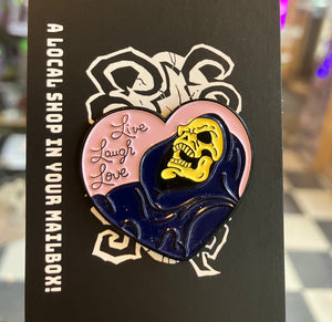 Enamel Pin: "Live Laugh Love" Skeleton In Purple Robe