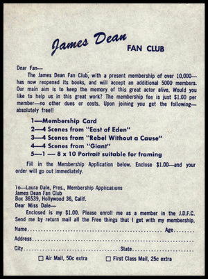 James Dean Fan Club Application (1950's Era) Original / No Repro
