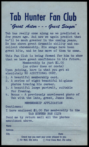 Tab Hunter Fan Club Application (1950's Era) Original / No Repro
