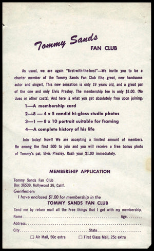 Tommy Sands Fan Club Application (1950's Era) Original / No Repro