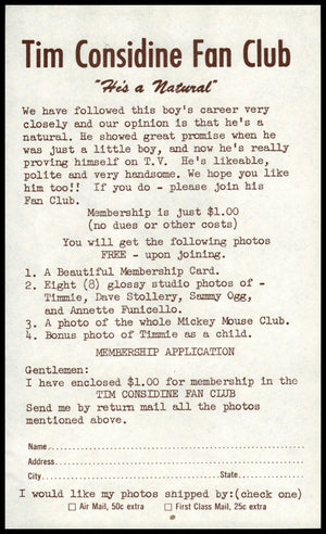 Tim Considine Fan Club Application (1950's Era) Original / No Repro