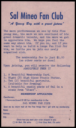Sal Minneo Fan Club Application (1950's Era) Original / No Repro