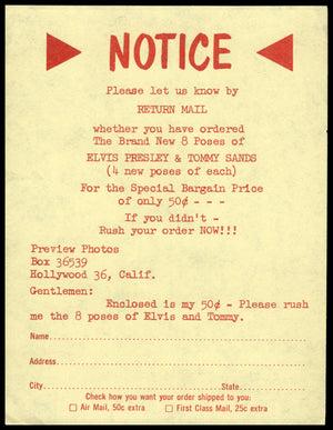 Elvis Presley Photo Order Form  (1950's Era) Original / No Repro