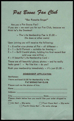 Pat Boone Fan Club (1950's Era) Original / No Repro