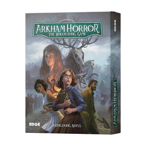 Arkham Horror roleplaying game box with characters and creature illustration on a white background
