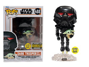 Pop! Star Wars: The Mandalorian - Dark Trooper with Grogu Glow-in-the-Dark Exclusive IN EE PROTECTOR